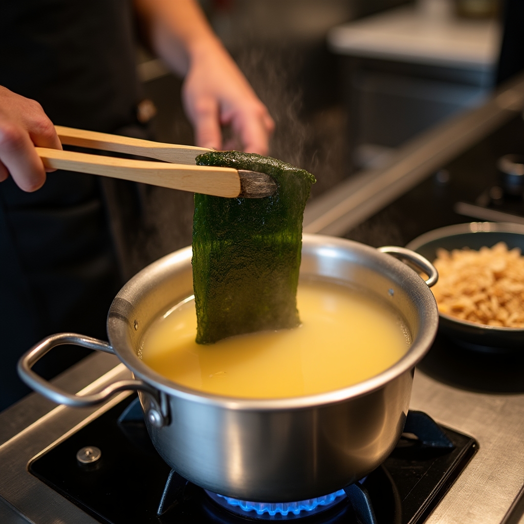 Gotowanie bulionu dashi z kombu i katsuobushi