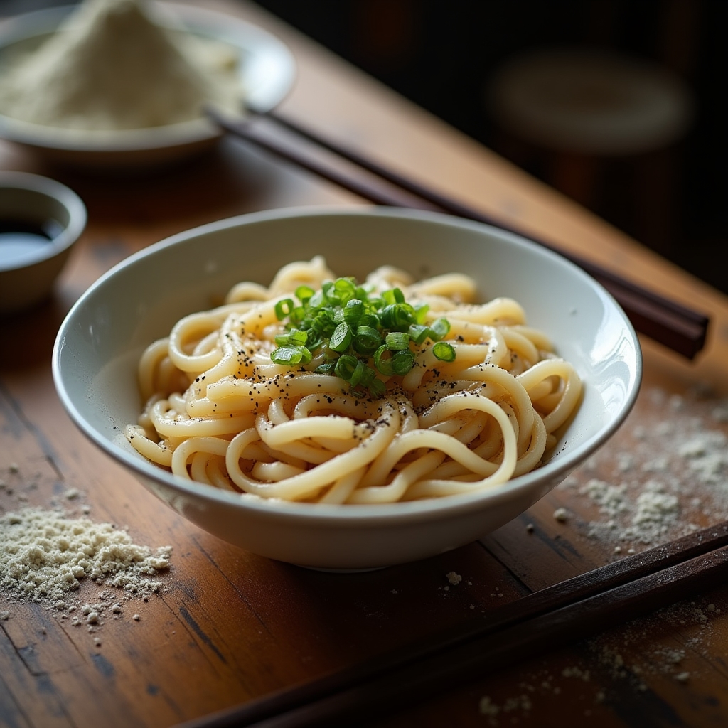 Ugotowany makaron udon na talerzu